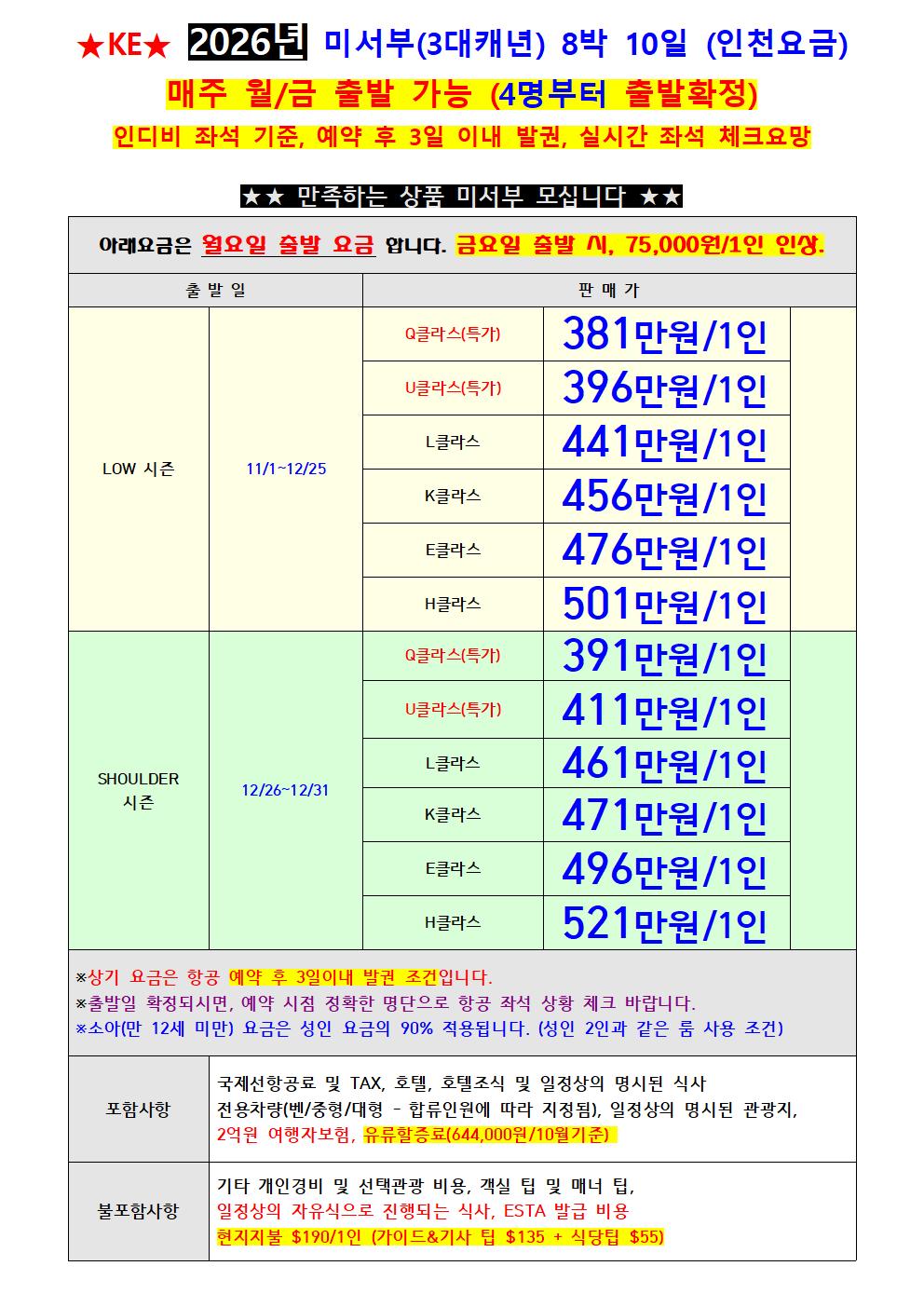 26.10.08 고객가  투어다인  (요금표) 미주 팩키지 KE __인천요금___26.10.08수정-02001